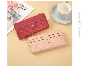 Women long wallet PU leather quilted card slots zipper clutch purse fashion daily organizer red pink