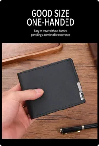Men's short black wallet with metal corner design, multiple card slots and compact style.
