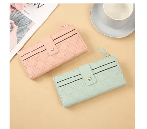 Long women wallet with card slots zip closure and snap button stylish PU leather purse for ladies.
