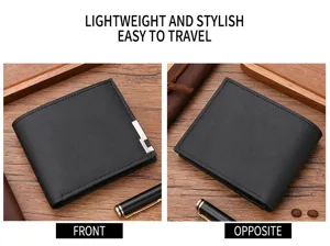 Men's black short wallet with metal corner decoration, classic bi-fold leather card holder.