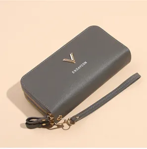 Graue Damen Geldbörse mit Doppelreißverschluss, langer Clutch Geldbeutel mit Handschlaufe