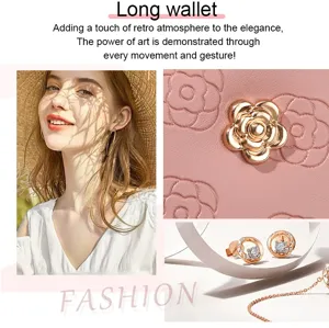Portefeuille long rose élégant pour femme avec design de fleur de camélia classique, chic.