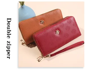 Portefeuille femme long double fermeture éclair cuir PU porte-carte motif floral pochette