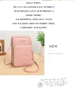 Elegante borsa a tracolla rosa per cellulare con tre scomparti con cerniera e ricamo floreale.
