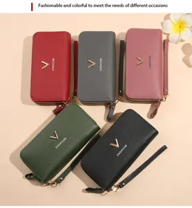 Damen lange doppelte Reißverschluss Brieftasche PU Leder Handytasche mit Handschlaufe neu