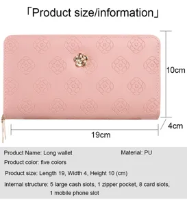 Portefeuille long en similicuir rose avec motif camélia, 19x10x4cm, fentes pour cartes et monnaie.