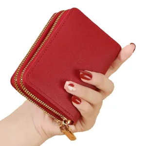 Tarjetero rojo con cremallera doble cartera de acordeón monedero compacto elegante