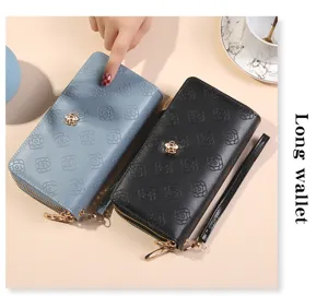Portefeuille long pour femme avec motif floral gaufré double fermeture éclair et lanière