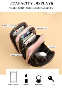 Borsa a tracolla rosa con cerniere multiple da donna, grande capacità e scomparti per carte.
