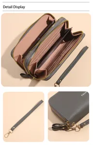 Damen Geldbörse mit doppeltem Reißverschluss lange Handtasche mit Handschlaufe grau