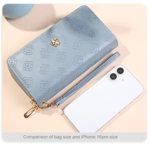 Portefeuille long bleu double fermeture éclair dragonne cuir PU motif floral embossé