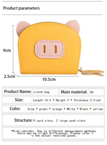 Porte-cartes portefeuille en cuir PU motif cochon mignon avec fentes multiples et fermeture éclair.