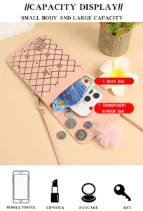 Borsa a tracolla per telefono verticale in pelle PU rosa con tasche per carte e pompon in peluche.