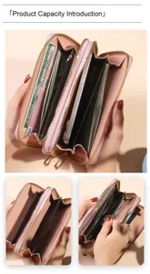 Grand portefeuille femme double fermeture éclair grande capacité pochette téléphone rose
