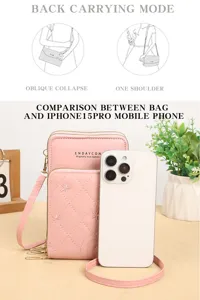Vista dettagliata della borsa a tracolla trapuntata rosa per telefono con ricamo floreale e iPhone.