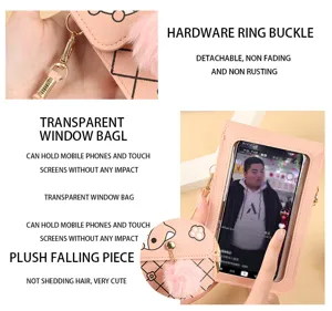 Borsa a tracolla verticale in pelle PU rosa per telefono con finestra tattile e ponpon.