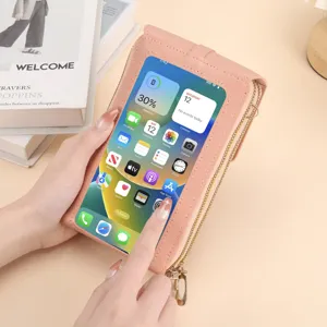 Borsa a tracolla verticale minimalista e di tendenza con finestra touchscreen trasparente.