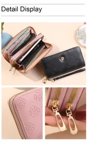 Portefeuille long femme double fermeture éclair pochette cartes téléphone design élégant relief