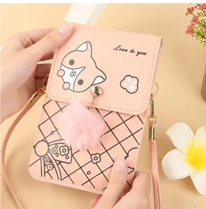 Borsa a tracolla verticale in PU rosa per donna con stampa gatto carina e ciondolo pon pon
