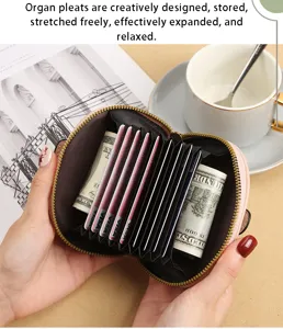 Dames PU lederenaccordeon kaartthouder, multifunctionele roze kaarthouder met meerdere slots.