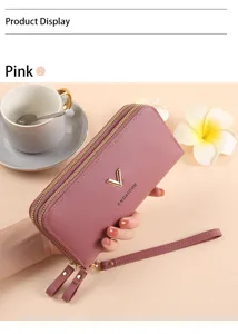 Rosa Damen Geldbörse mit Doppelreißverschluss, elegante Handtasche aus Kunstleder mit Handschlaufe.