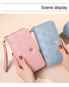 Portefeuille long femme double fermeture éclair pochette porte-cartes design floral embossé.