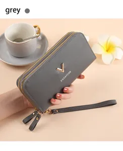 Graue doppelte Reißverschluss lange Damen Brieftasche mit Handschlaufe und V Dekoration