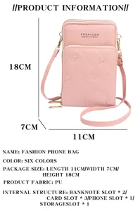 Borsa a tracolla per telefono in ecopelle rosa con zip multiple e ricami floreali.