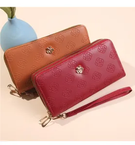 Femme long double fermeture éclair portefeuille PU cuir pochette grande capacité porte-carte