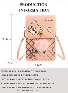 Graziosa borsa a tracolla in pelle PU rosa da donna con pon pon soffice custodia telefono 18.5cm