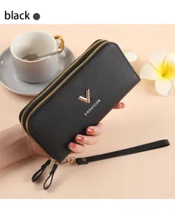 Schwarze Doppelreißverschluss lange Geldbörse Damen, große Kapazität Handtasche mit Handschlaufe.