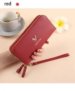Rote Damen Geldbörse mit Doppelreißverschluss, elegante PU Leder Handtasche mit großem Fach.
