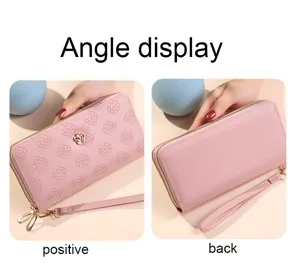 Portefeuille long pour femme double fermeture éclair rose pochette avec élégant gaufrage floral.