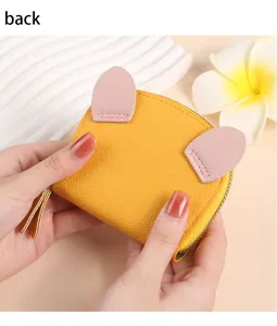 Portefeuille zippé jaune mignon avec oreilles de cochon pour cartes et monnaie.