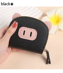 Porte-monnaie mignon motif cochon pour femme, étui noir en cuir synthétique zippé avec oreilles.