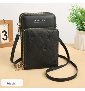 Borsa a tracolla trapuntata nera per cellulare, mini borsa a spalla con tasche e zip.