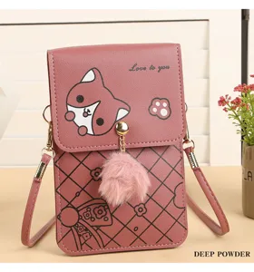Borsa a tracolla in pelle PU da donna, borsetta porta cellulare con simpatico animale e ponpon.
