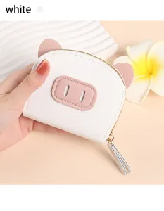 Porte-monnaie et porte-cartes miniature avec design de cochon mignon et fermeture éclair blanc.