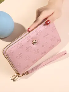 Portefeuille Long à Double Fermeture Éclair pour Femmes Grande Capacité Sac à Main Avec Dragonne Cuir PU Gaufré Camélia