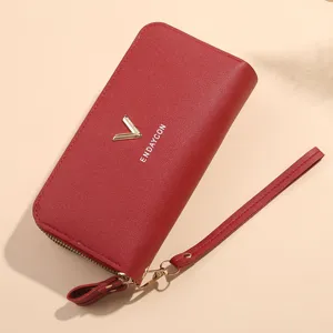 Rote lange Damenbörse mit Doppelreißverschluss und Handschlaufe, modische PU-Tasche.