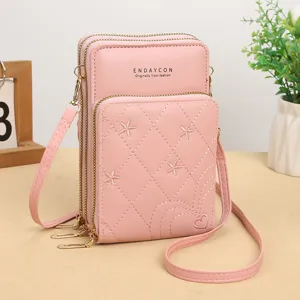 Borsa per Cellulare da Donna in Pelle PU Alla Moda Mini Borsa a Tracolla Tre Tasche con Cerniera Ricamo Floreale Trapuntato Borsa Urbana Semplice