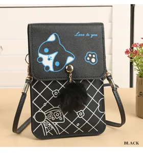 Borsa a tracolla verticale in pelle PU da donna alla moda con grazioso motivo di gatto e pon-pon.
