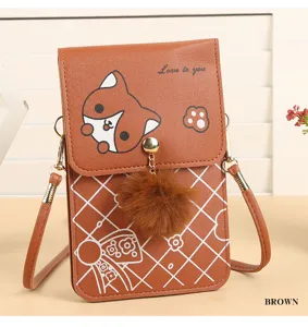 Borsa a tracolla verticale in pelle PU da donna con grazioso disegno e ponpon.