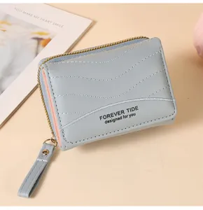 Minimalistische geborduurde portemonnee voor dames, stijlvolle kaarthouder met ritssluiting.