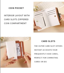 Detailed view of women's bi-fold wallet with card slots and zippered coin pocket design.