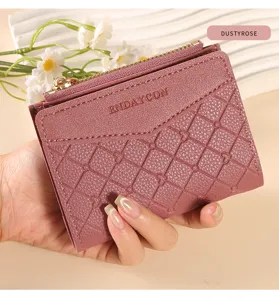 Women short zipper wallet PU leather quilted card holder coin purse dusty rose fashion compact