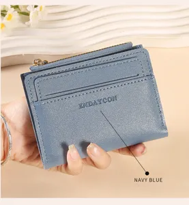 Detailed view of the mini leather wallet with card slots, zipper coin pocket, and navy blue finish.
