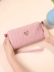 Portafoglio lungo rosa da donna, elegante borsa in pelle PU con cerniera e vari scomparti.
