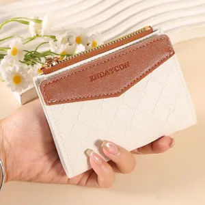Women Short Wallet PVC Plaid Heart Embossed Color Block Patchwork Zipper Purse Card Holder Students Small Coin Pocket