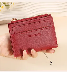 Red PU leather short wallet with card slots and zipper pocket for women daily use